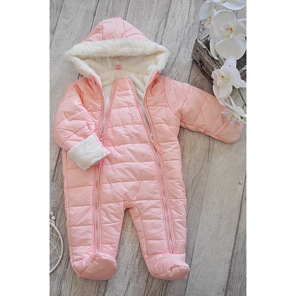 Różowy KOMBINEZON w kropki pikowany na futerku 2 suwaki ZIMA