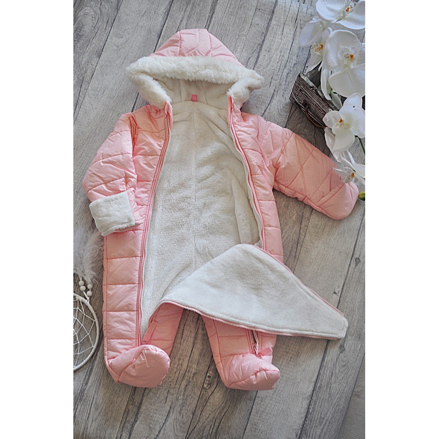 Różowy KOMBINEZON w kropki pikowany na futerku 2 suwaki ZIMA