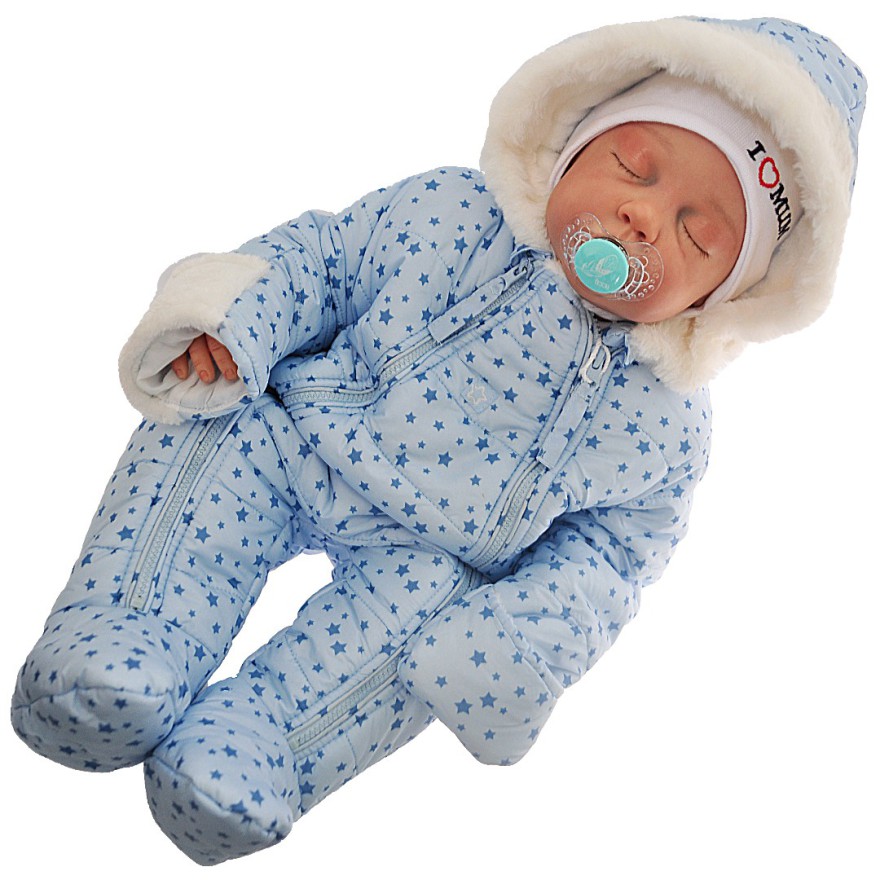 Niebieski KOMBINEZON w gwiazdki pikowany na futerku 2 suwaki ZIMA