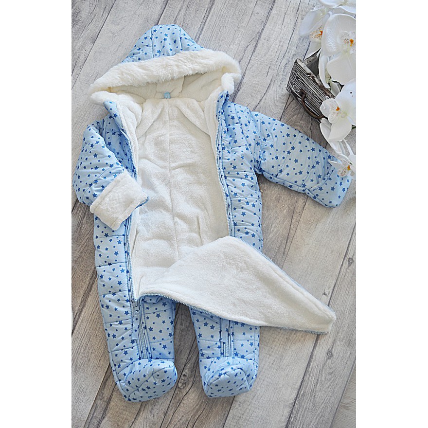 Niebieski KOMBINEZON w gwiazdki pikowany na futerku 2 suwaki ZIMA