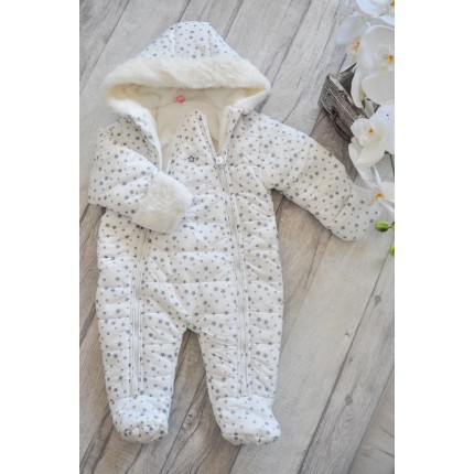 Biały KOMBINEZON w gwiazdki pikowany na futerku 2 suwaki ZIMA