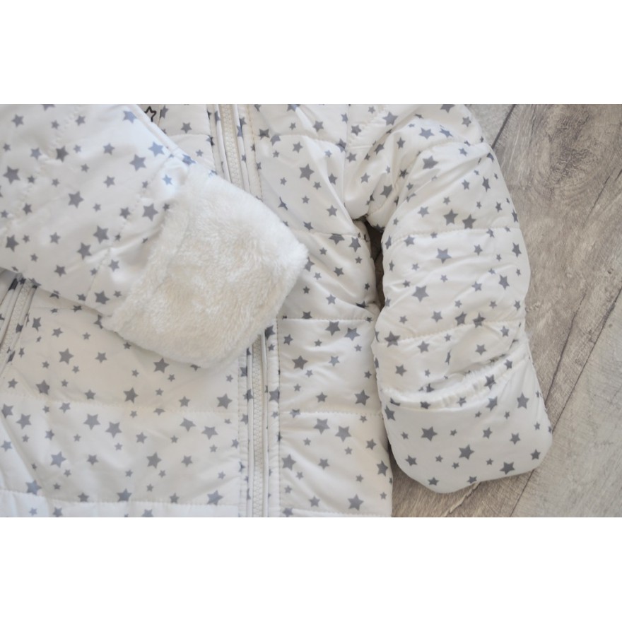 Biały KOMBINEZON w gwiazdki pikowany na futerku 2 suwaki ZIMA