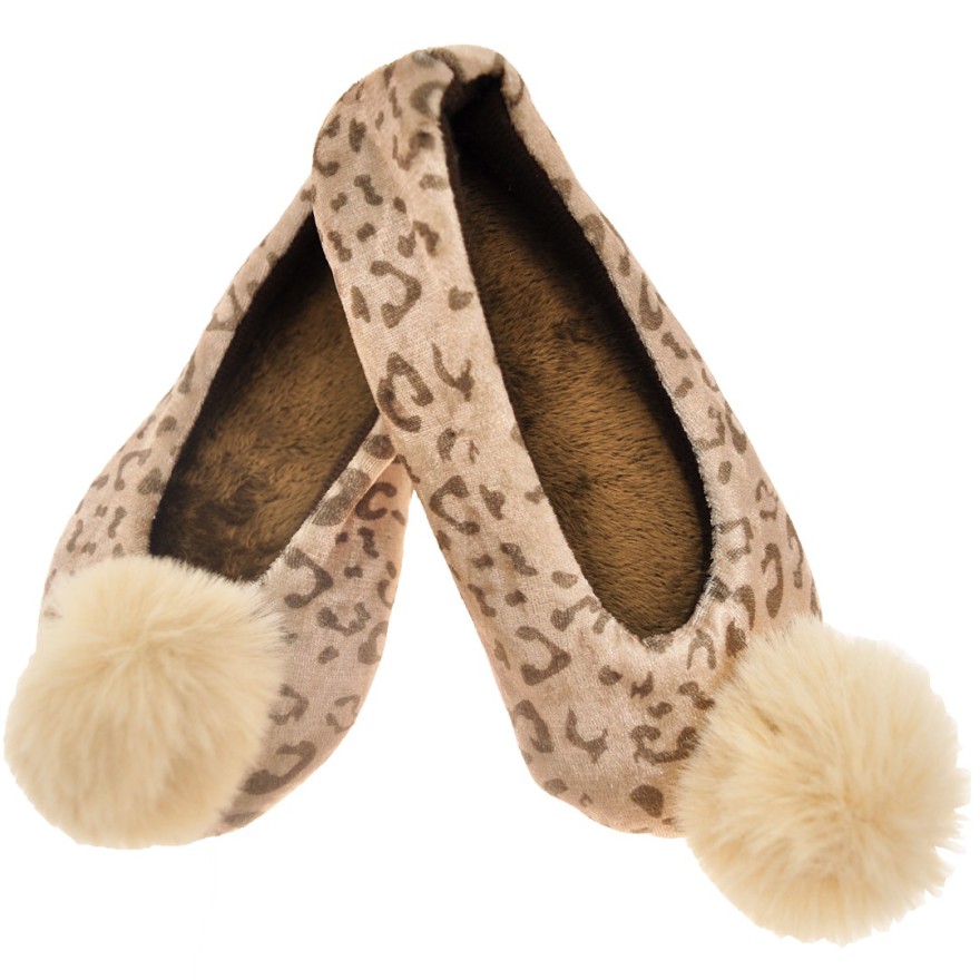 Kawowe BALERINY PANTERKA z pomponem buty baletki kapcie