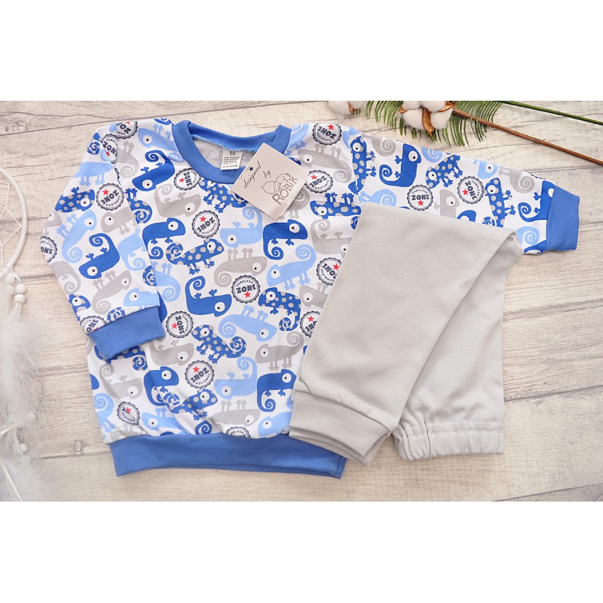 Niebiesko-szara PIŻAMA w kameleony piżamka długi rękaw wzór 176N