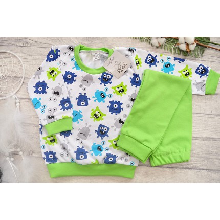 Trawiasto-biała PIŻAMA w ufoludki piżamka długi rękaw wzór 217TR