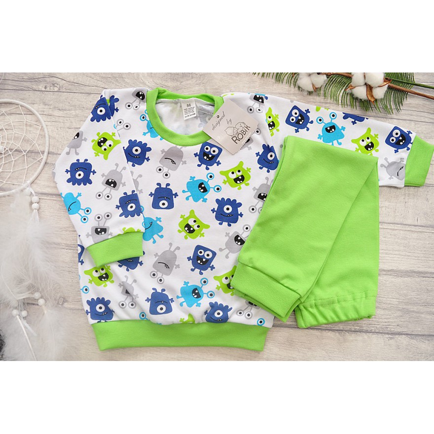 Trawiasto-biała PIŻAMA w ufoludki piżamka długi rękaw wzór 217TR