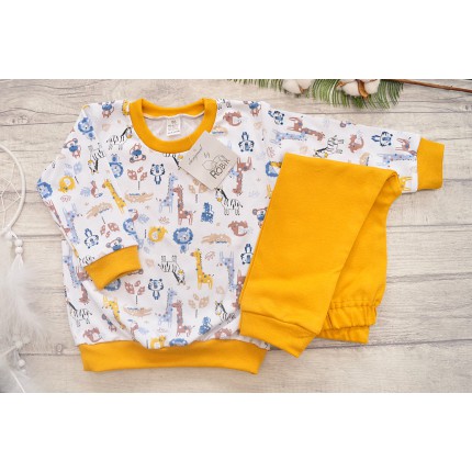 Musztardowo-biała PIŻAMA w zwierzątka ZOO piżamka długi rękaw wzór 216MU