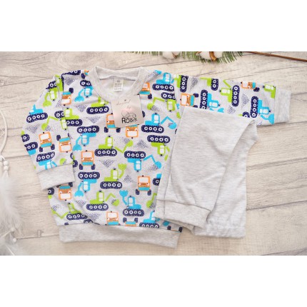 Szara PIŻAMA w koparki piżamka długi rękaw wzór 218S