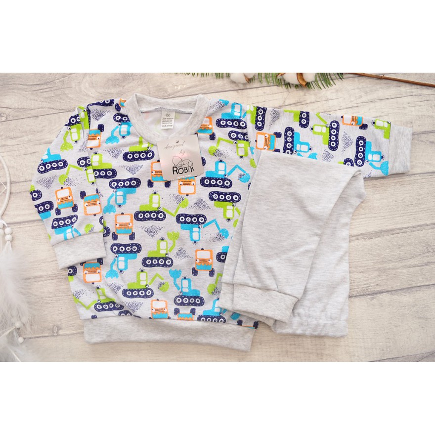 Szara PIŻAMA w koparki piżamka długi rękaw wzór 218S