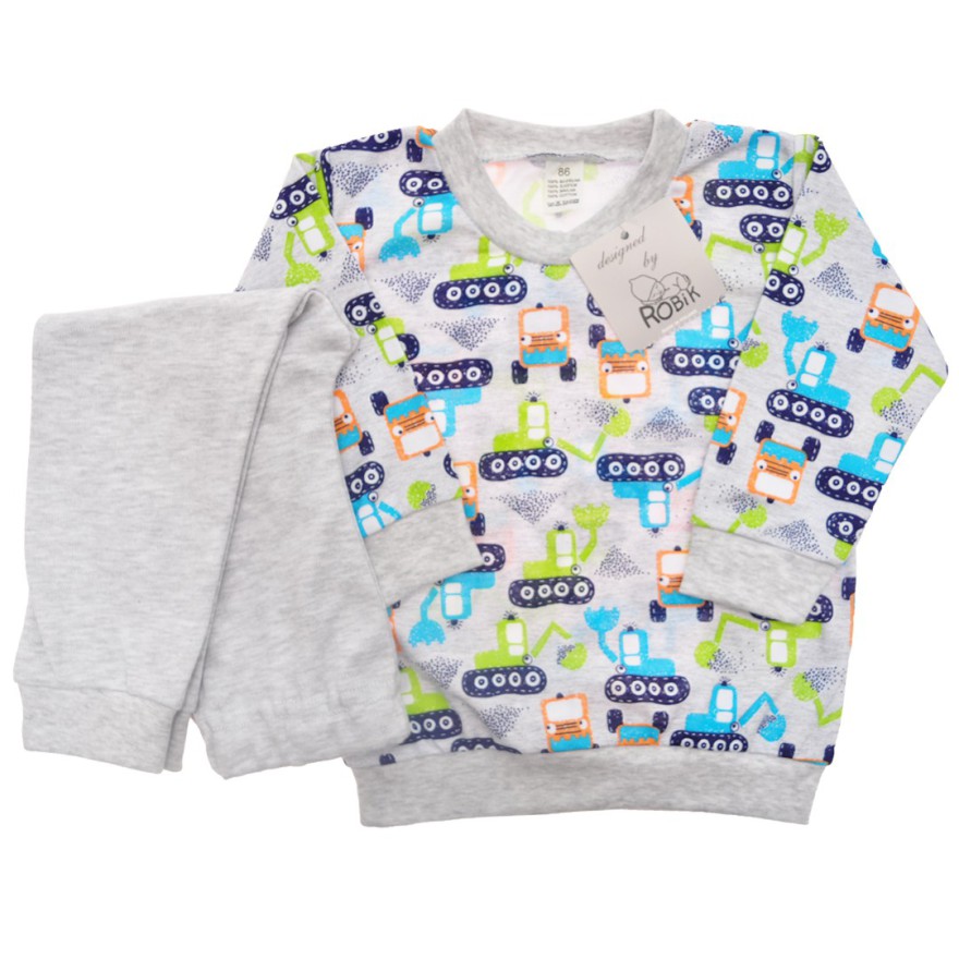 Szara PIŻAMA w koparki piżamka długi rękaw wzór 218S