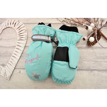 Miętowe rękawiczki nieprzemakalne dziewczęce z  jednorożcem 1P 14cm