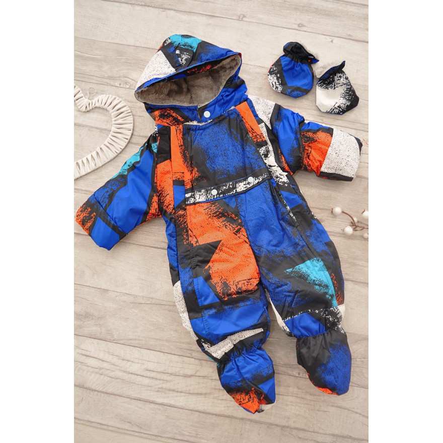 Jednoczęściowy KOMBINEZON na futerku ZIMA wzór z pomarańczowym