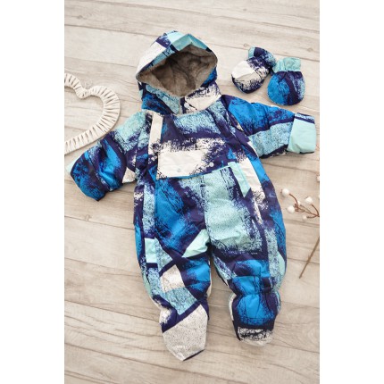 Jednoczęściowy KOMBINEZON na futerku ZIMA wzór z niebieskim
