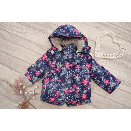 Granatowy KOMBINEZON w kwiaty, dwuczęściowy na futerku ZIMA