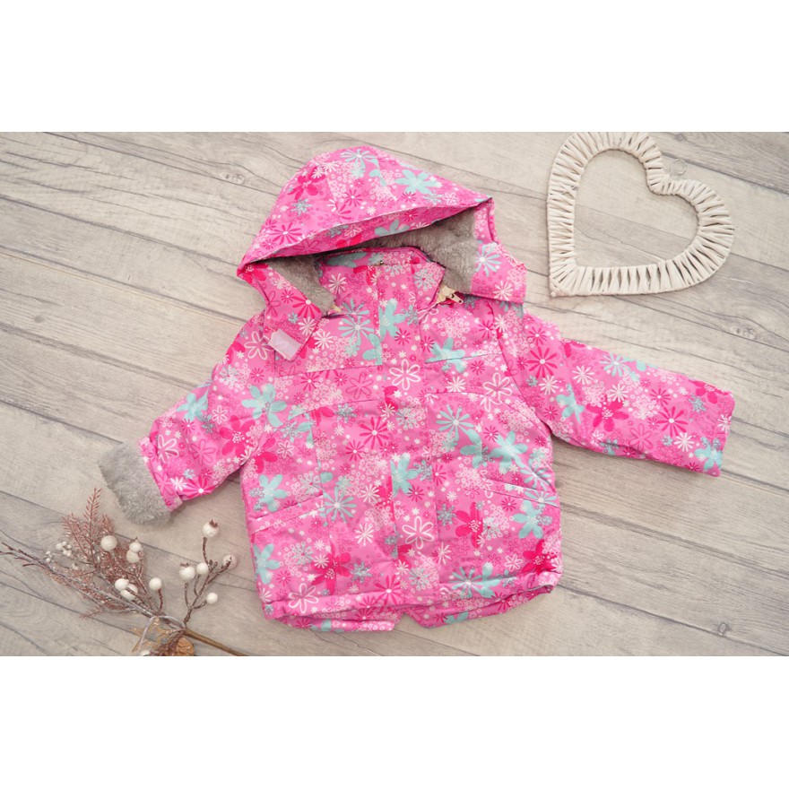 Różowo-granatowy KOMBINEZON w kwiaty, dwuczęściowy na futerku ZIMA