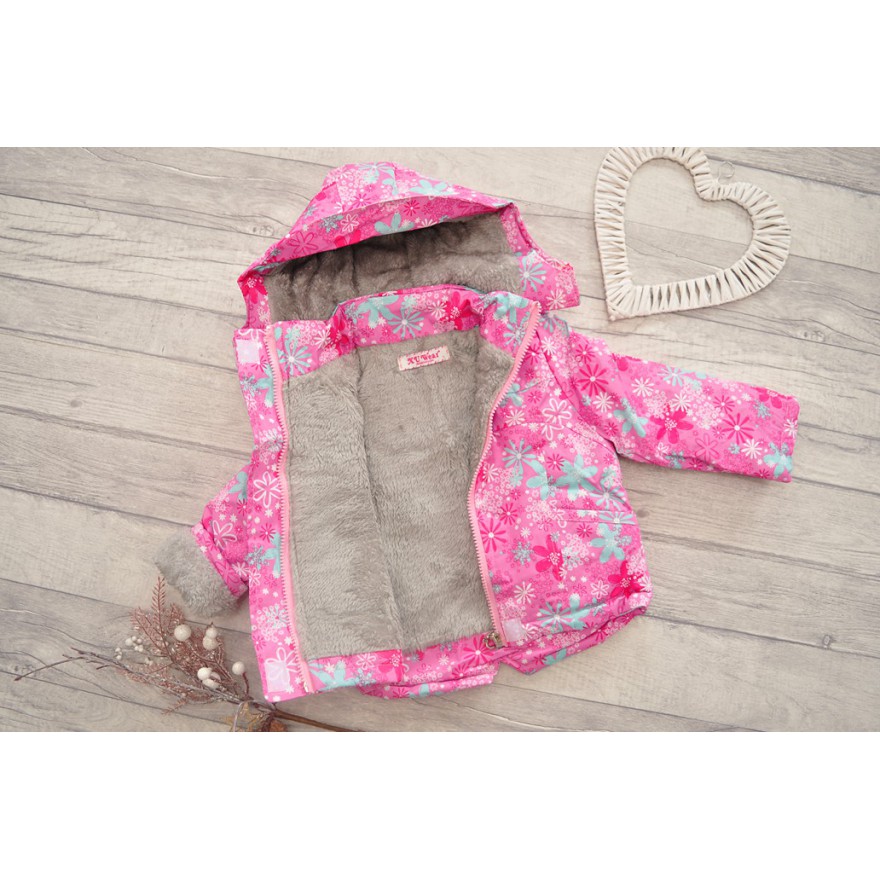 Różowo-granatowy KOMBINEZON w kwiaty, dwuczęściowy na futerku ZIMA