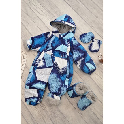 Jednoczęściowy KOMBINEZON na futerku, odpinane stópki ZIMA wzór z niebieskim