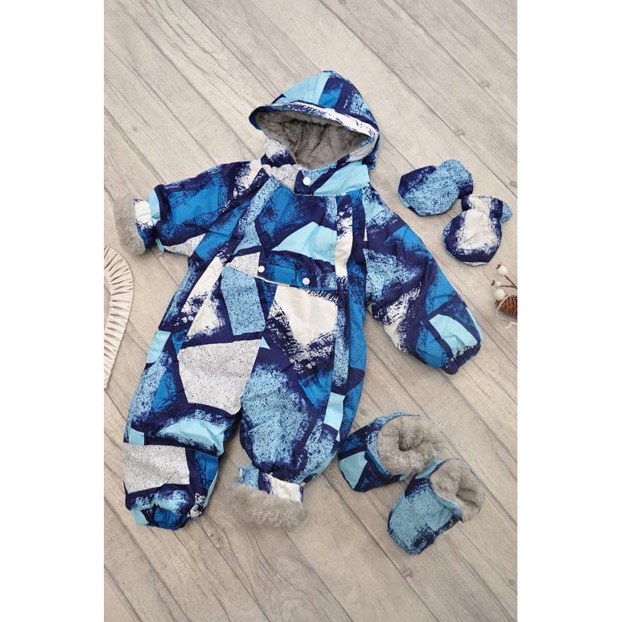 Jednoczęściowy KOMBINEZON na futerku, odpinane stópki ZIMA wzór z niebieskim