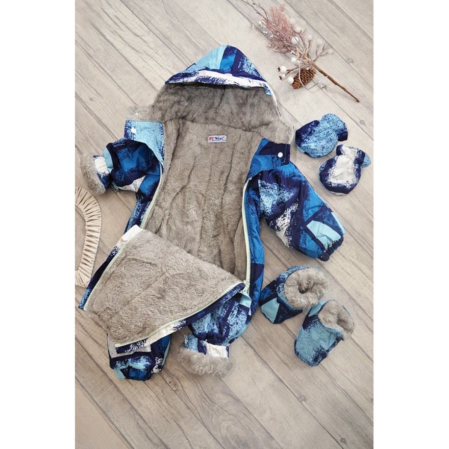 Jednoczęściowy KOMBINEZON na futerku, odpinane stópki ZIMA wzór z niebieskim