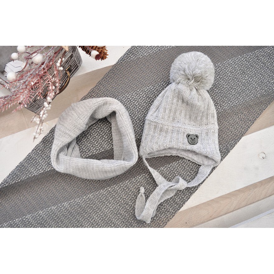 Szary komplet zimowy FRANEK czapka + komin, emblemat MIŚ