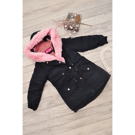 Granatowa KURTKA PARKA na różowym futerku ZIMA