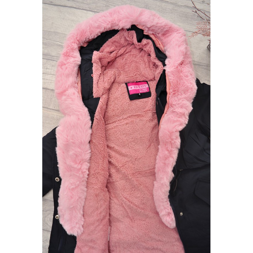 Granatowa KURTKA PARKA na różowym futerku ZIMA