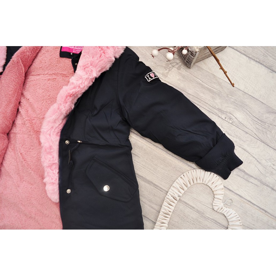 Granatowa KURTKA PARKA na różowym futerku ZIMA