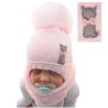 Różowy komplet zimowy PUCHATY POMPON czapka + komin, emblemat kotek