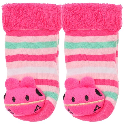 Skarpety frotte z grzechotką dziewczęce skarpetki w paski z różowym konikiem