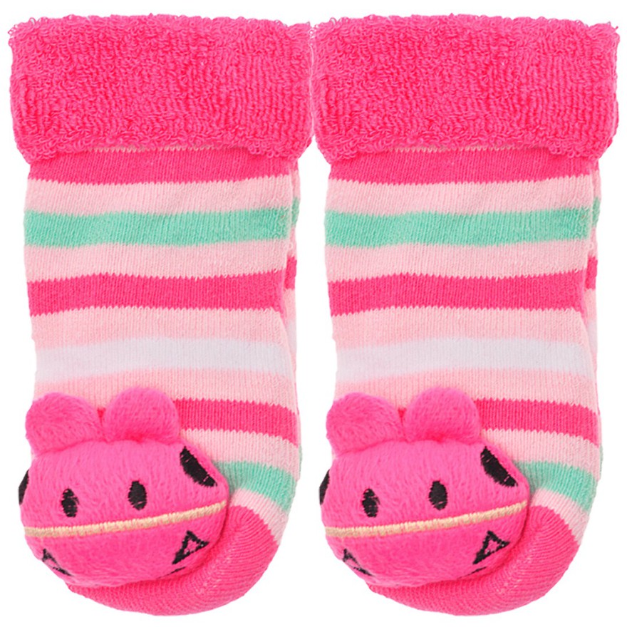 Skarpety frotte z grzechotką dziewczęce skarpetki w paski z różowym konikiem