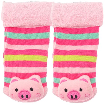 Skarpety frotte z grzechotką dziewczęce skarpetki w paski ze świnką
