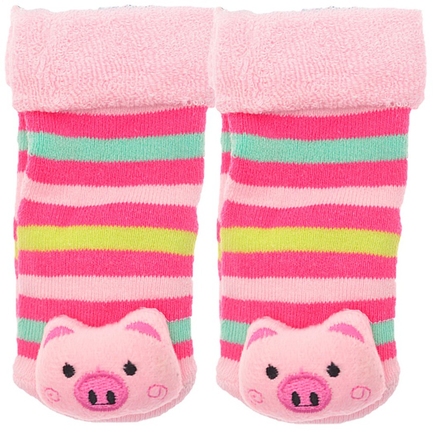 Skarpety frotte z grzechotką dziewczęce skarpetki w paski ze świnką