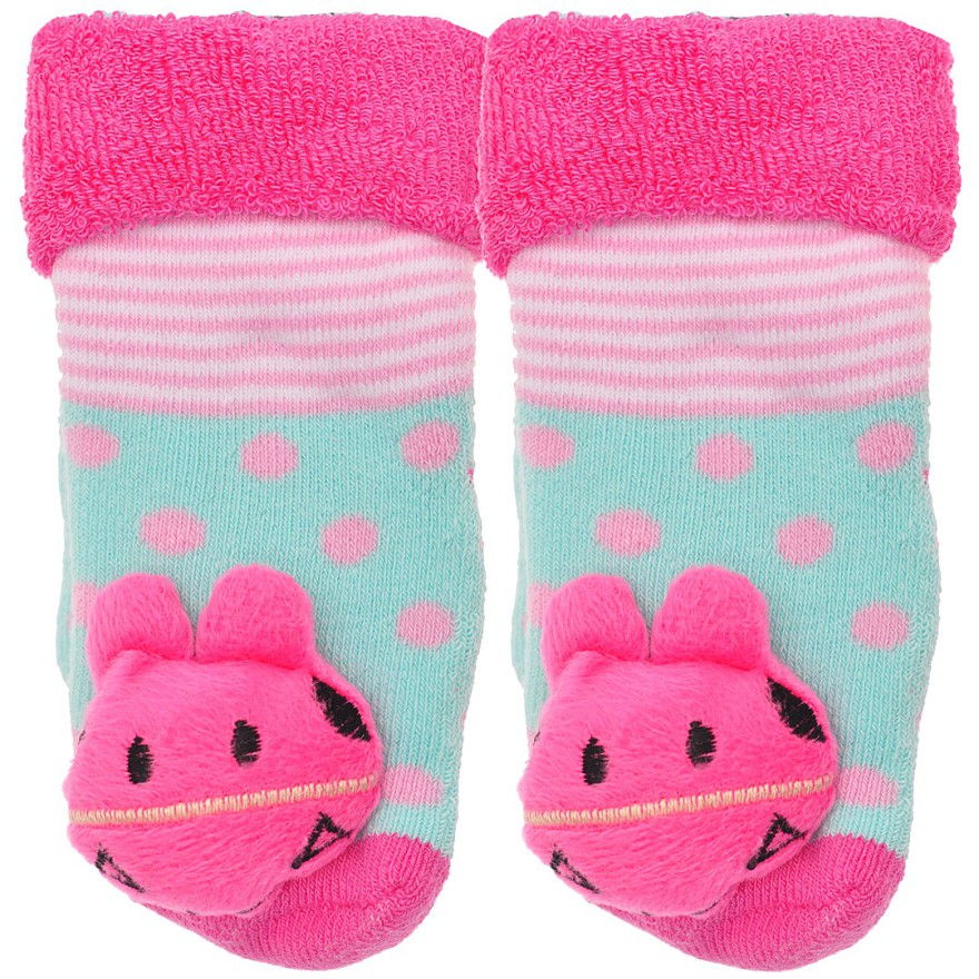 Skarpety frotte z grzechotką dziewczęce skarpetki róż-mięta z różowym konikiem