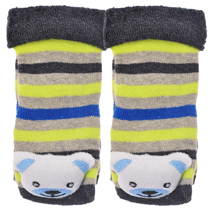 Skarpety frotte z grzechotką chłopięce skarpetki paski neon z misiem