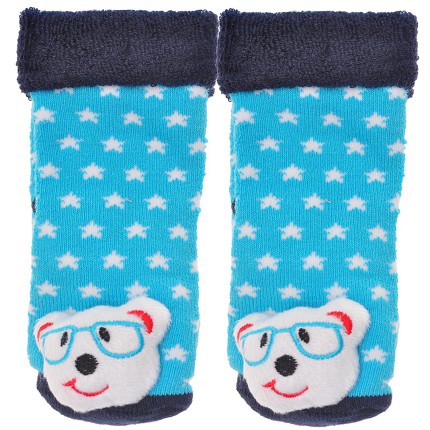 Skarpety frotte z grzechotką chłopięce skarpetki niebieskie w gwiazdki z misiem