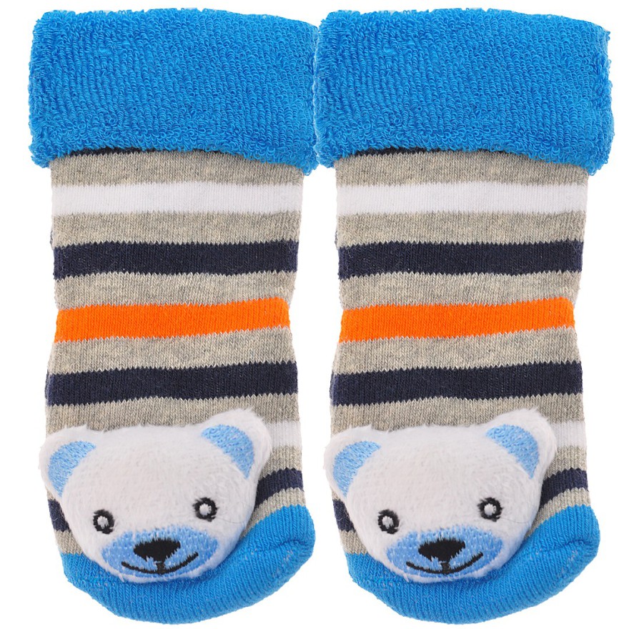 Skarpety frotte z grzechotką chłopięce skarpetki paski pomarańcz z misiem