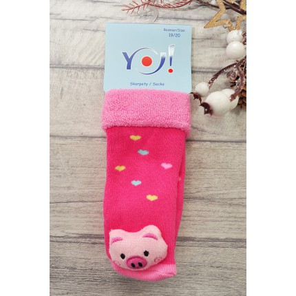 Skarpety frotte z grzechotką dziewczęce skarpetki różowe ze świnką