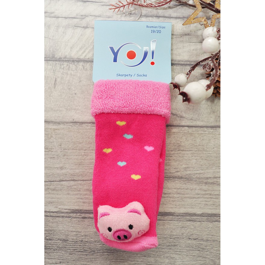 Skarpety frotte z grzechotką dziewczęce skarpetki różowe ze świnką