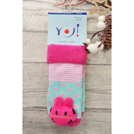 Skarpety frotte z grzechotką dziewczęce skarpetki róż-mięta z różowym konikiem