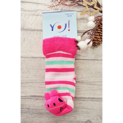 Skarpety frotte z grzechotką dziewczęce skarpetki w paski z różowym konikiem