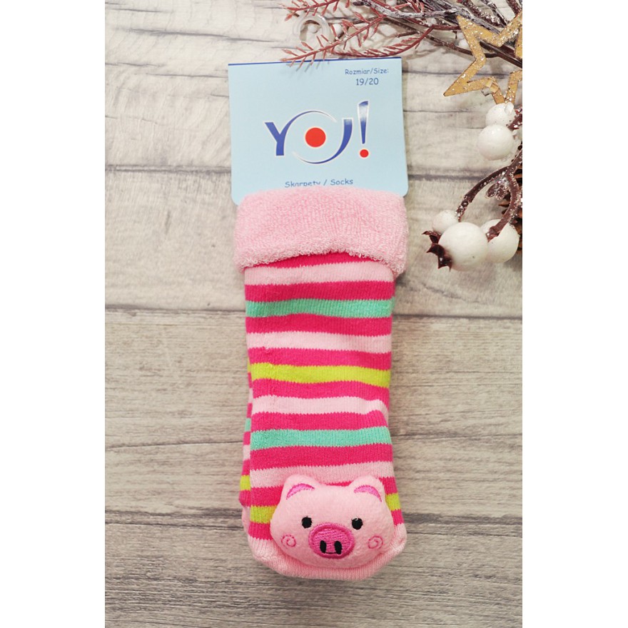 Skarpety frotte z grzechotką dziewczęce skarpetki w paski ze świnką