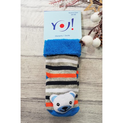 Skarpety frotte z grzechotką chłopięce skarpetki paski pomarańcz z misiem