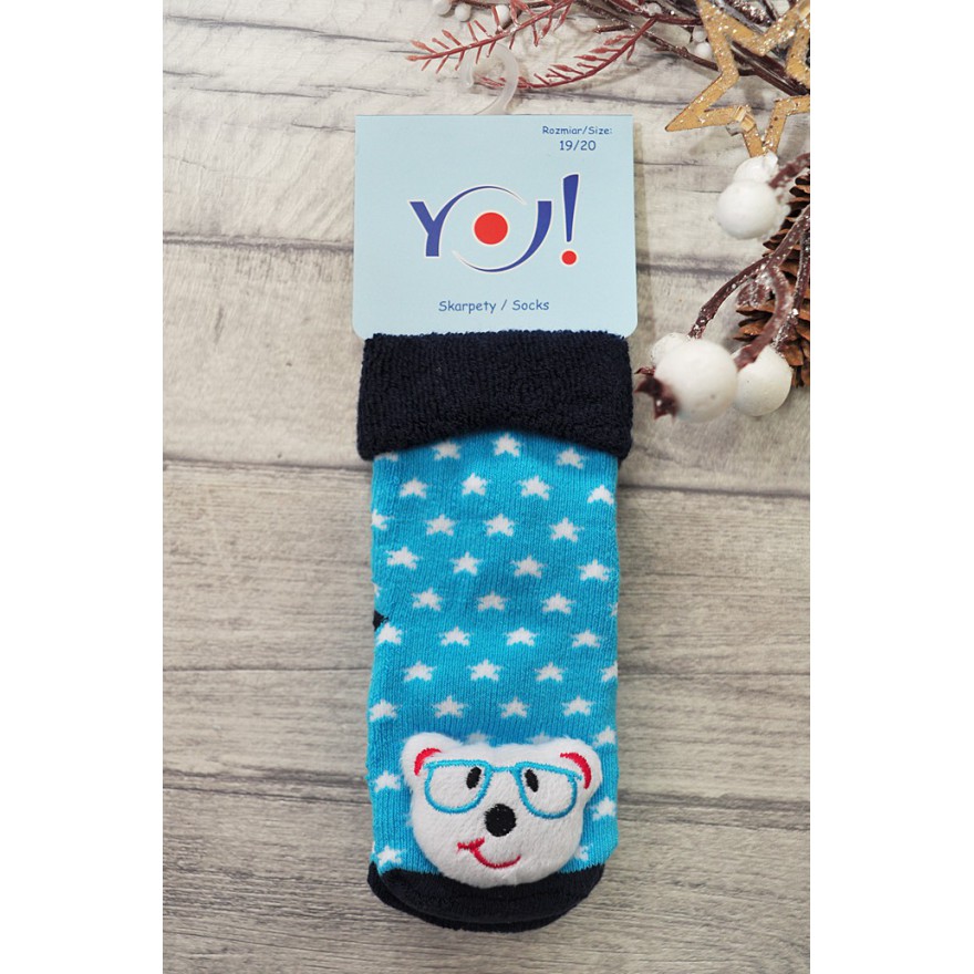 Skarpety frotte z grzechotką chłopięce skarpetki niebieskie w gwiazdki z misiem