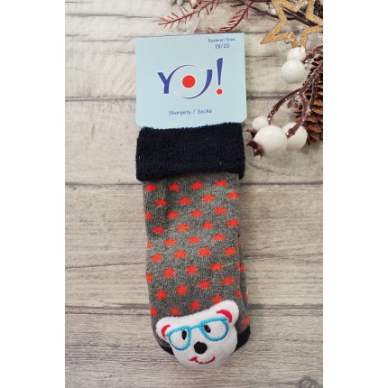 Skarpety frotte z grzechotką chłopięce skarpetki szare w gwiazdki z misiem