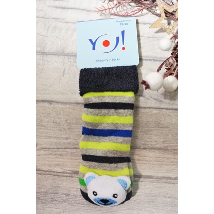 Skarpety frotte z grzechotką chłopięce skarpetki paski neon z misiem