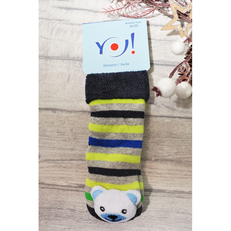 Skarpety frotte z grzechotką chłopięce skarpetki paski neon z misiem