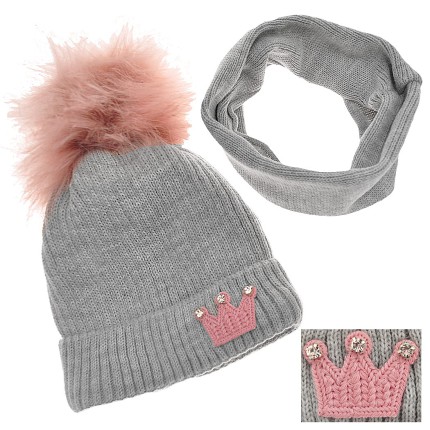 Szary komplet zimowy PUCHATY POMPON czapka + komin, emblemat korona