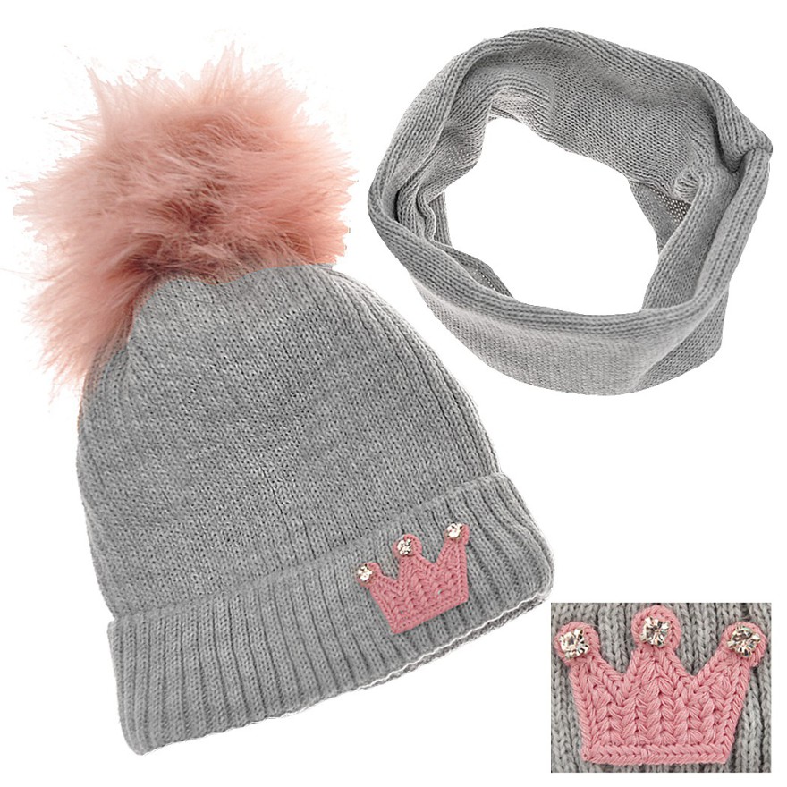 Szary komplet zimowy PUCHATY POMPON czapka + komin, emblemat korona