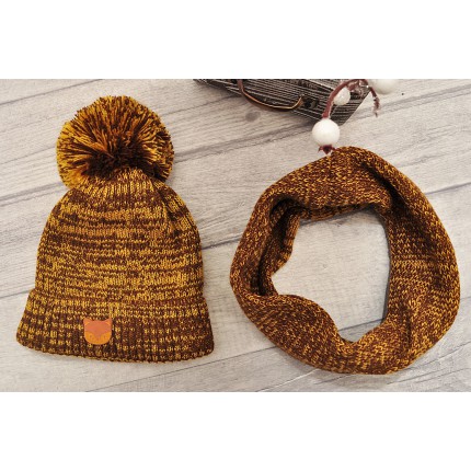 Musztardowo-brązowy komplet zimowy LISEK czapka + komin