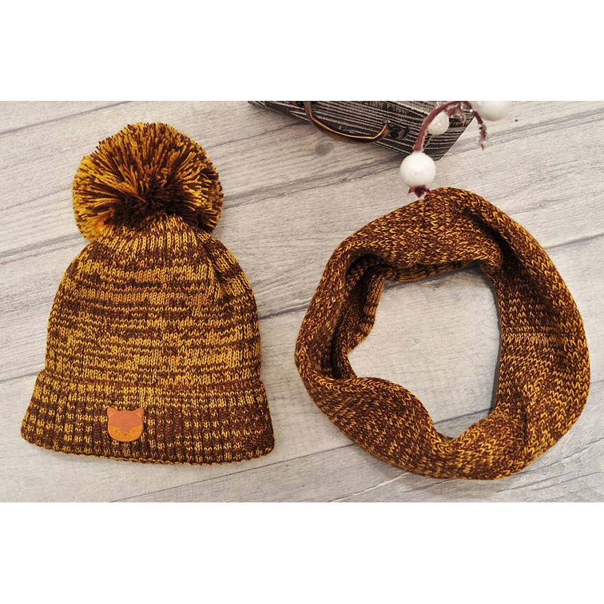 Musztardowo-brązowy komplet zimowy LISEK czapka + komin